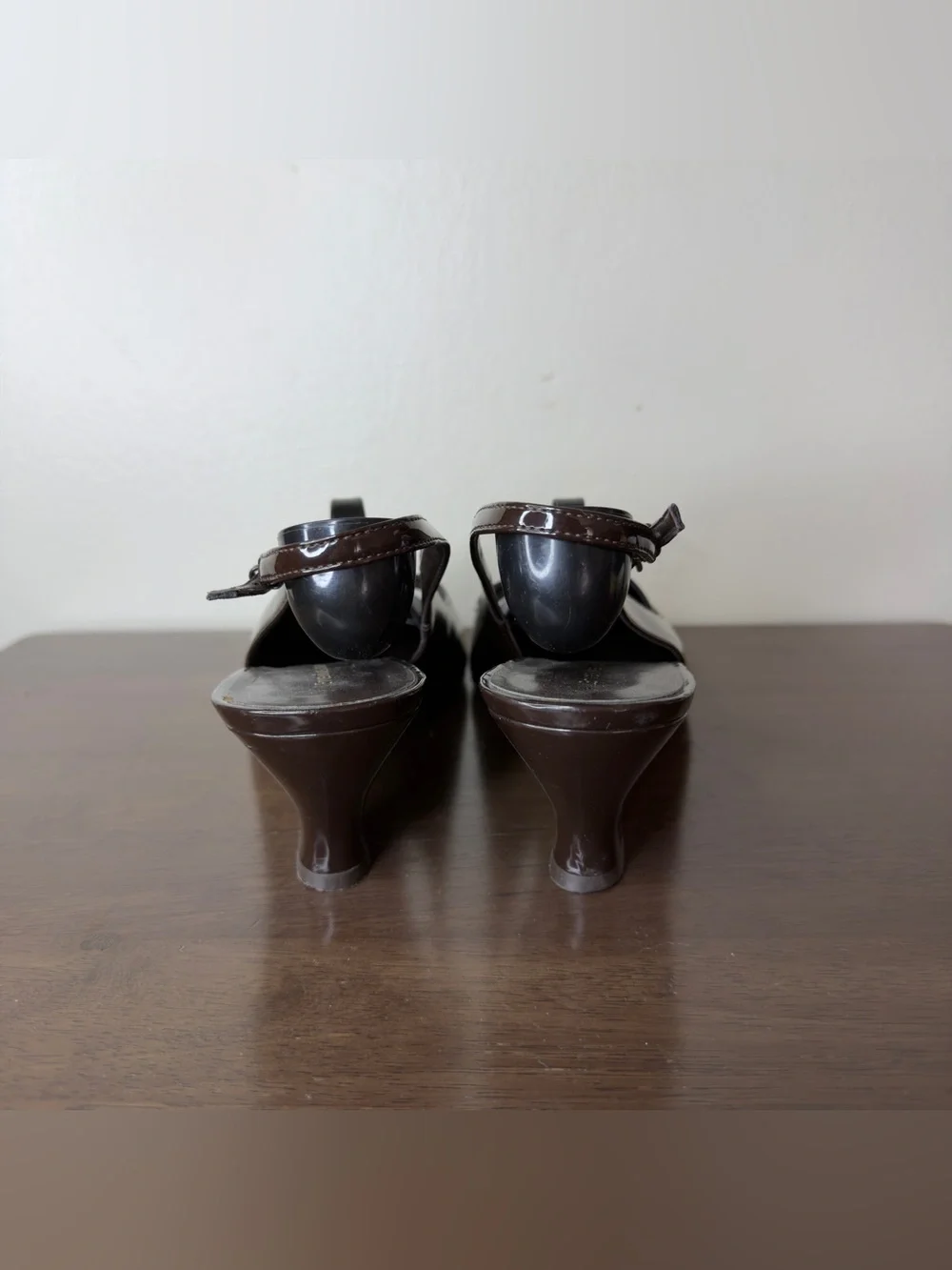 Etienne Aigner Dark Brown Patent Leather Slingback Peep Toe Wedges 9.5 Womens